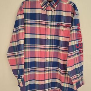 Wrangler Shirt Mens L Pink Blue Plaid Breast Cancer Awareness Country‎ Western